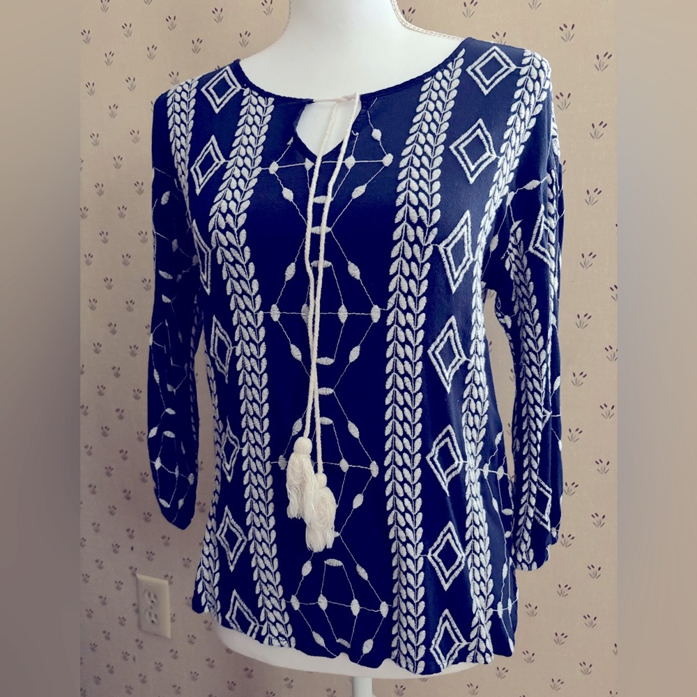 Ellison Navy and White Sheer Embroidered Shirt